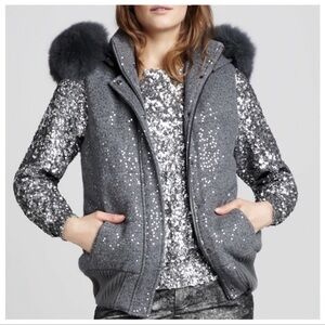 ALICE AND OLIVIA Gray Fox Fur and Sequin V…